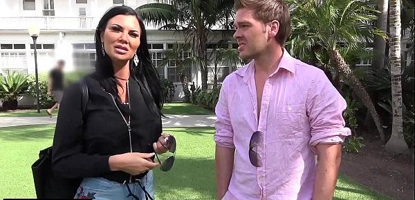  Jasmine Jae is a hot MILF with big tits and a pierced clit. The trio go to the beach where Jasmine exposes her pussy for the public to see!